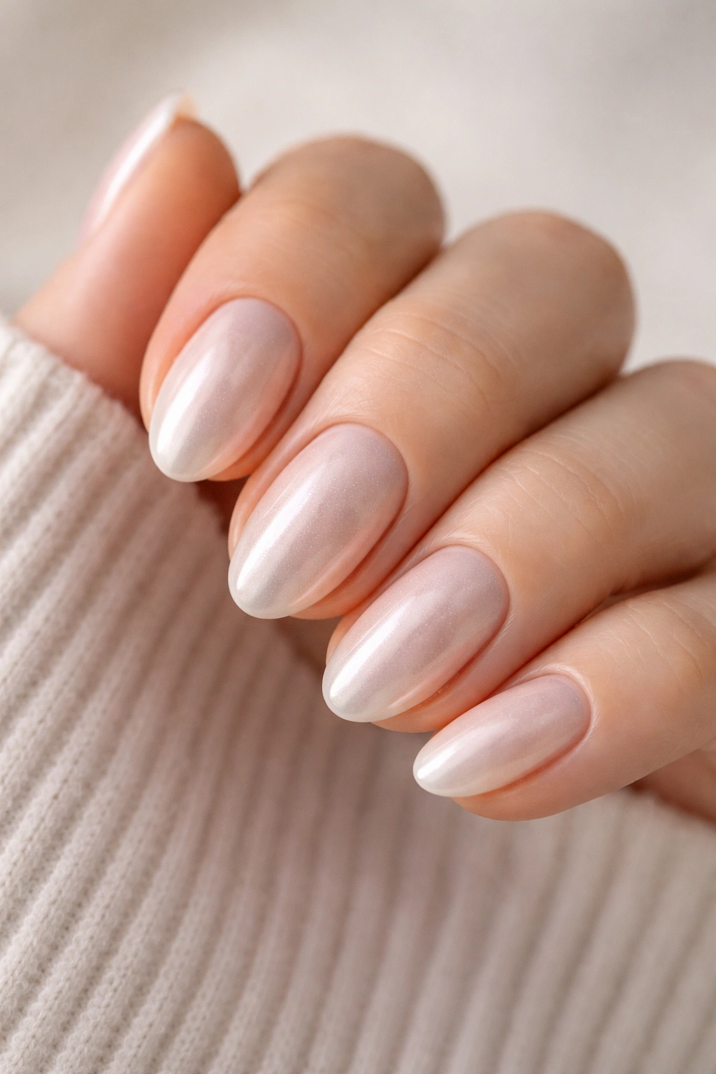Close-up of short almond nails with glazed donut chrome glaze