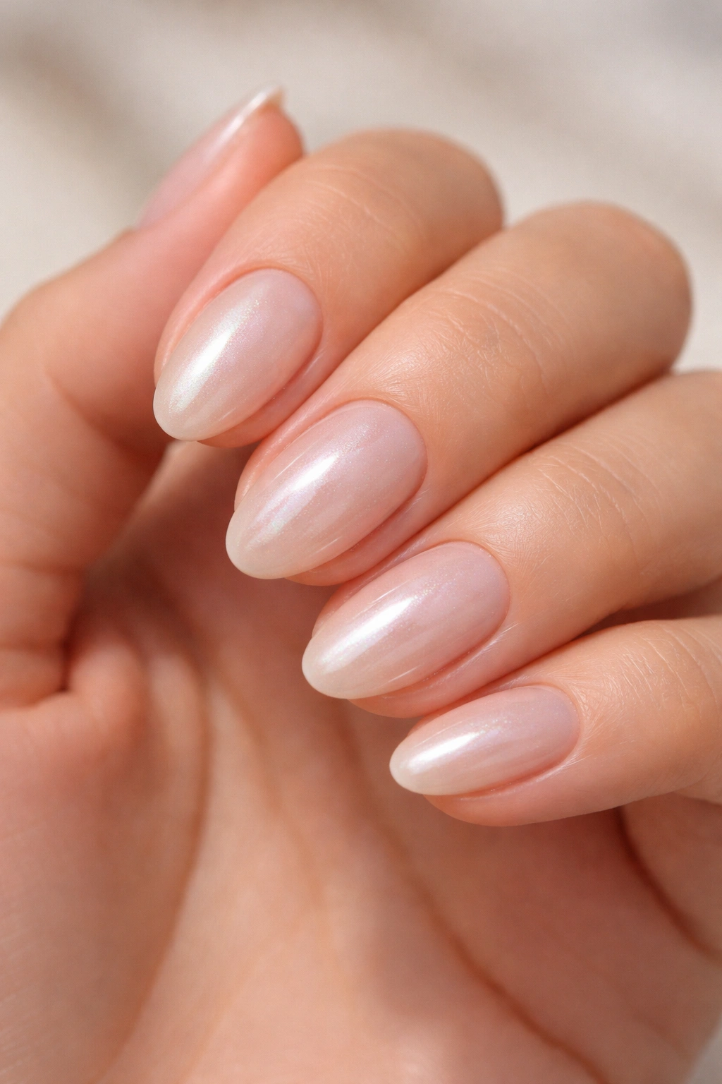 Close-up of short almond nails with milky nude glaze and pearlescent chrome