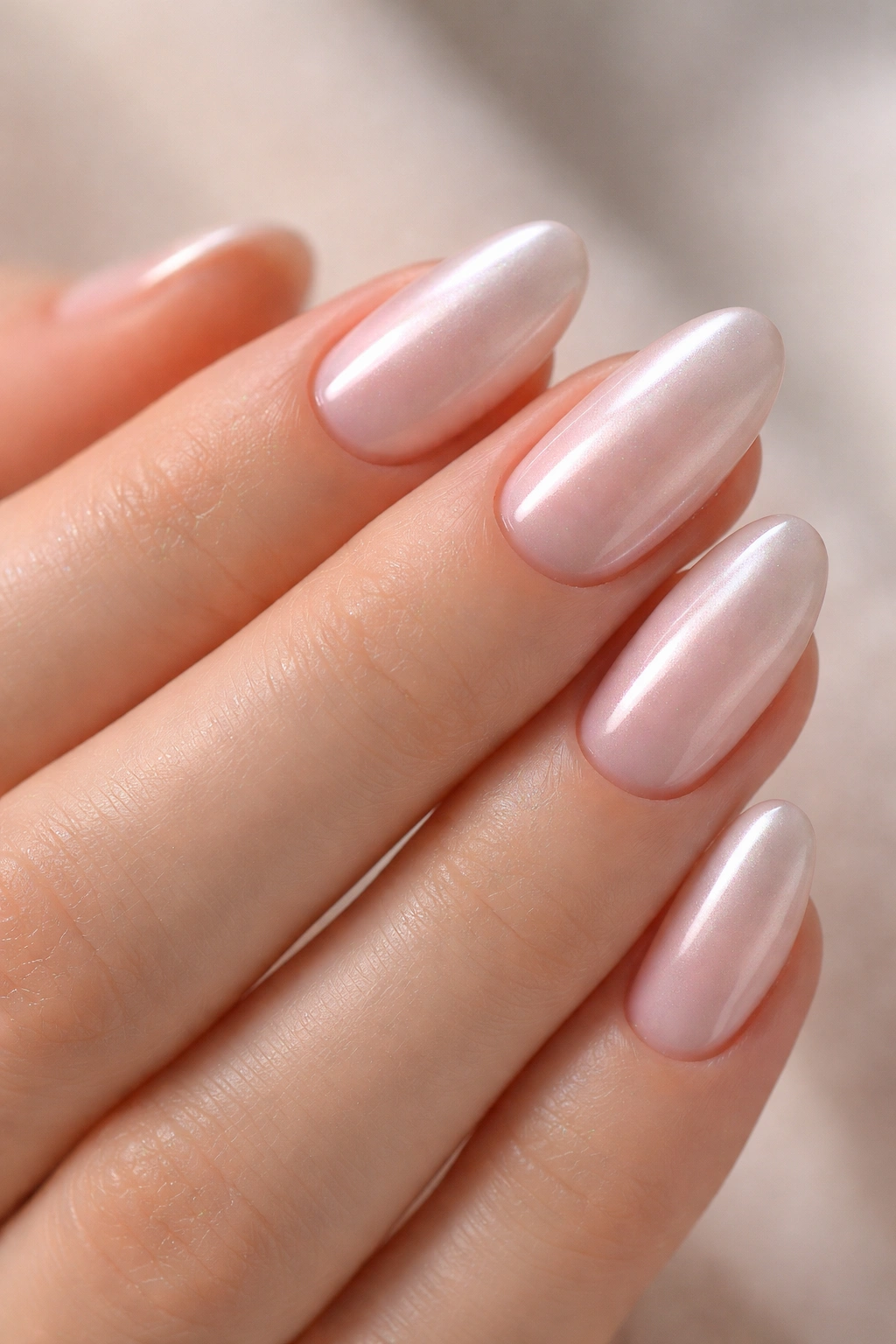 Close-up of short almond nails with glazed donut pearly chrome finish on pale pink base