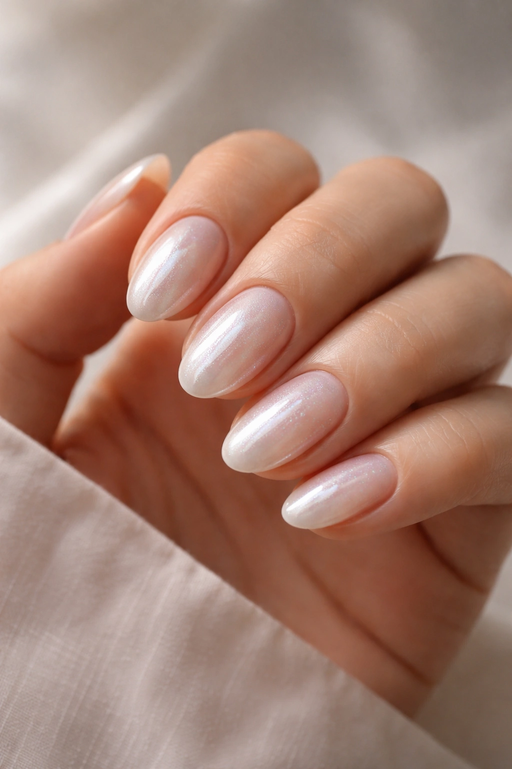 Close-up of glazed donut short almond nails with pearlescent chrome finish