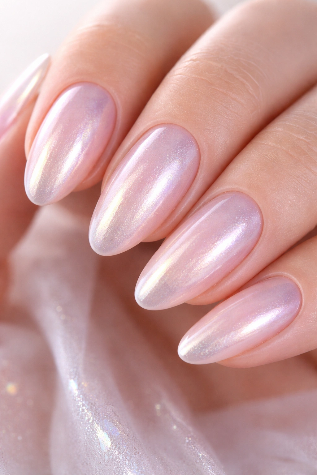 Close-up of glazed donut nails with pearlescent chrome.