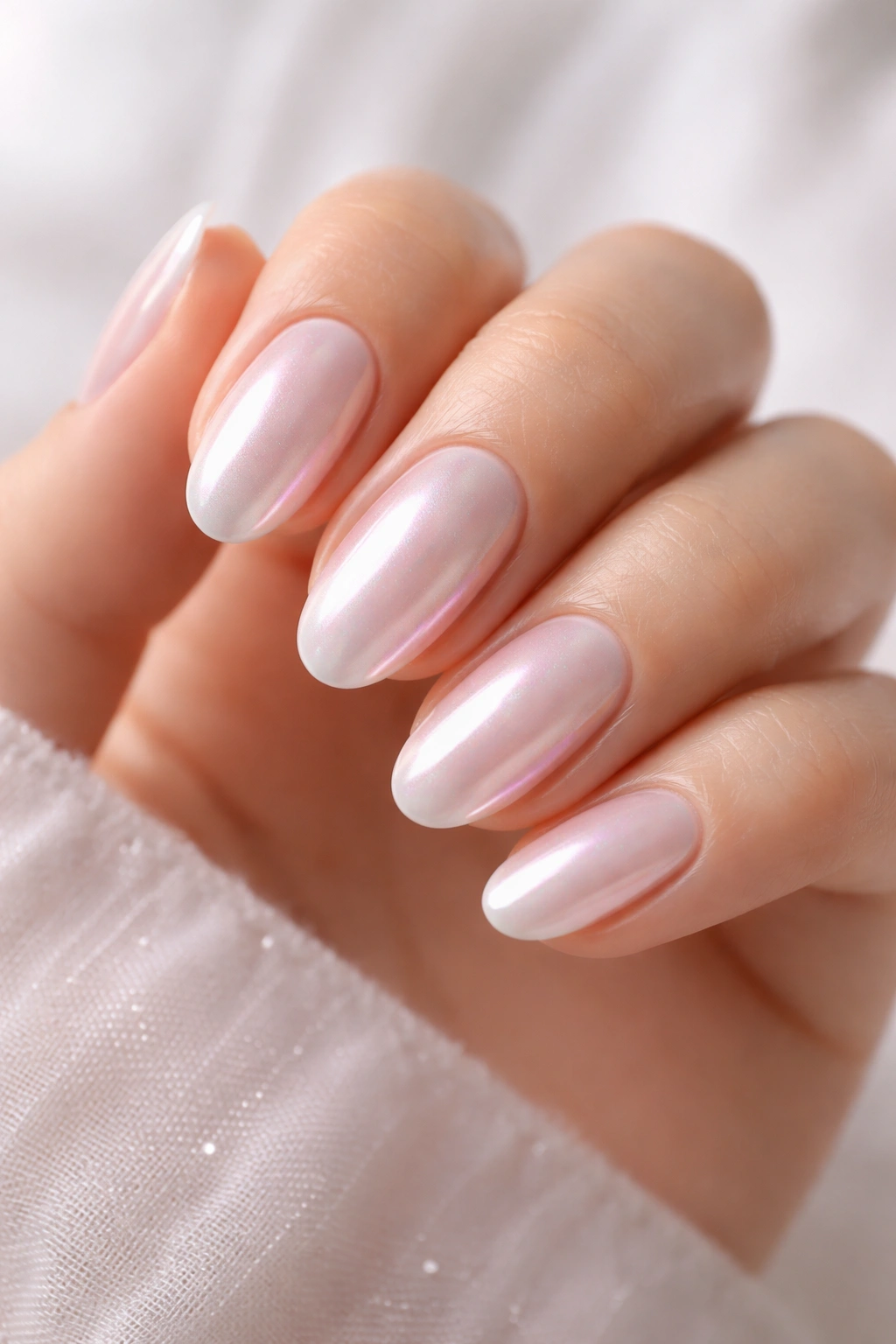 Close-up of glazed donut nails with milky base and pearlescent chrome finish