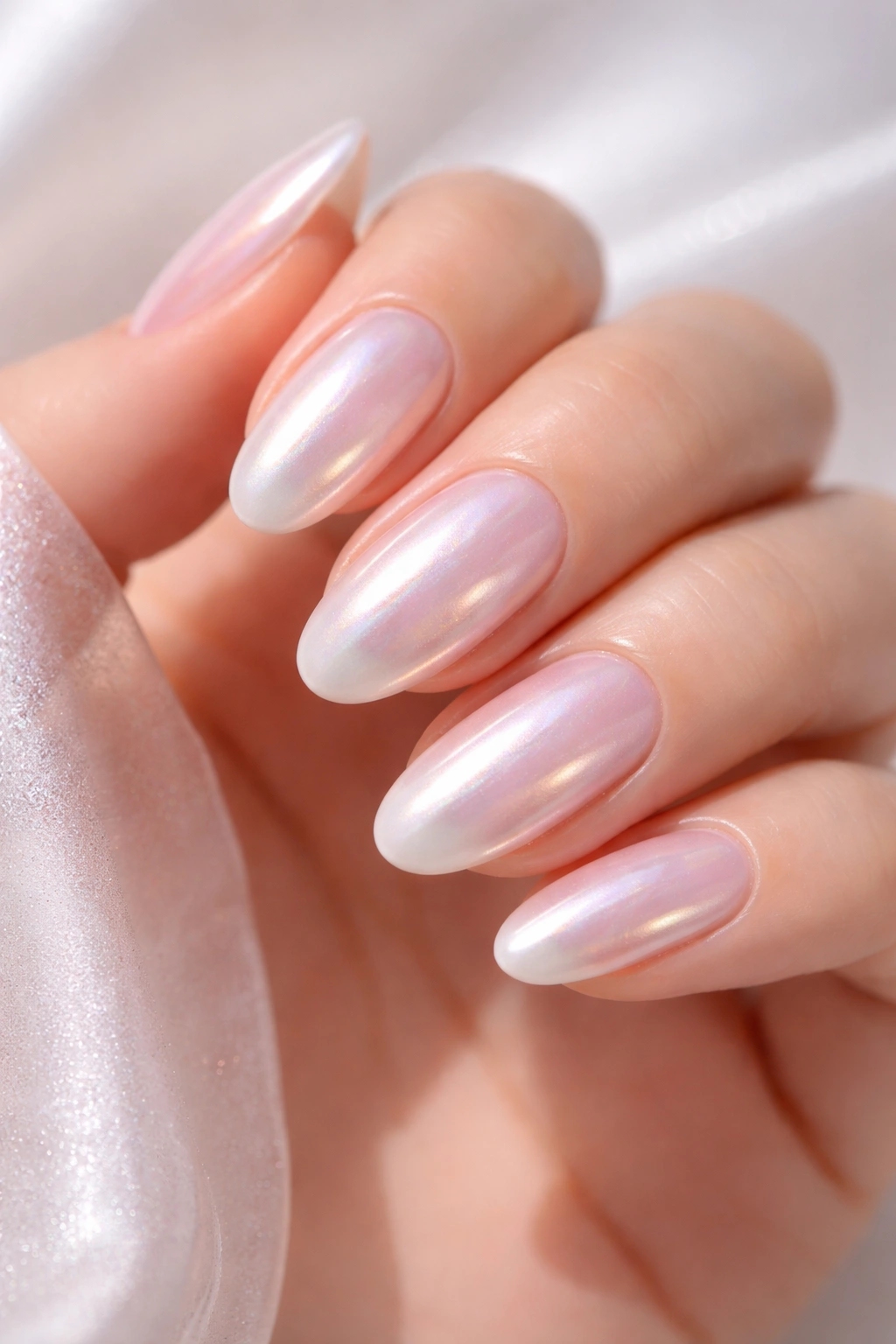 Close-up of nails with pearlescent glazed donut manicure