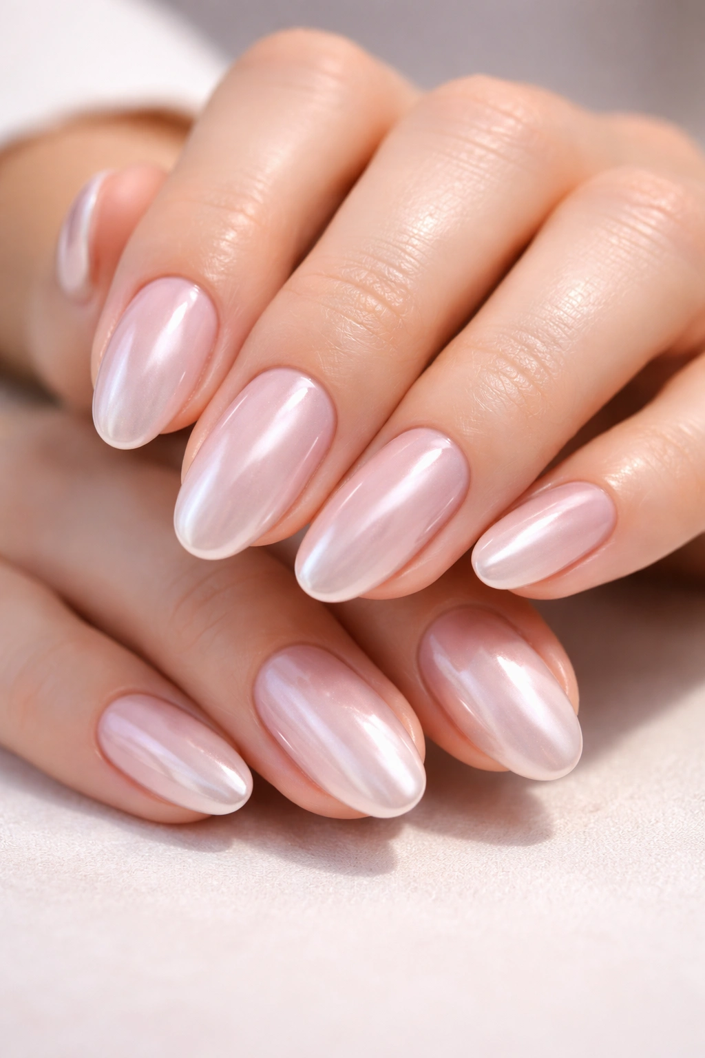 Close-up of pearlescent glazed donut finish nails with milky pink base