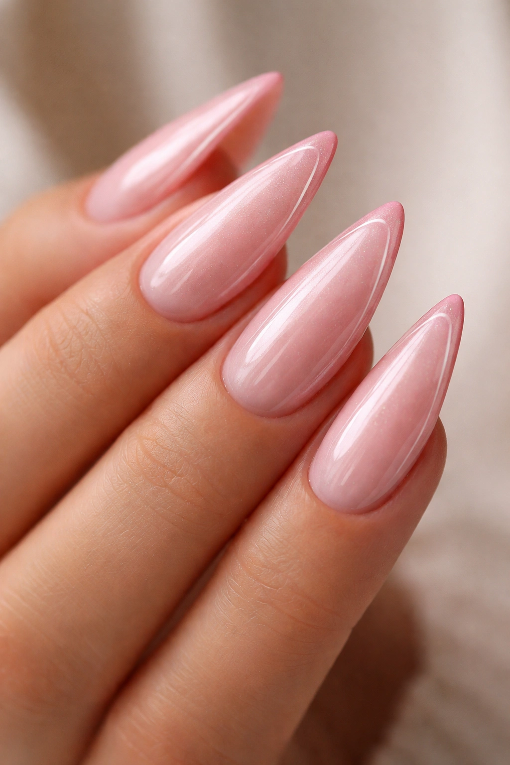 Close-up blush pink stiletto nails with glazed donut edge outline.
