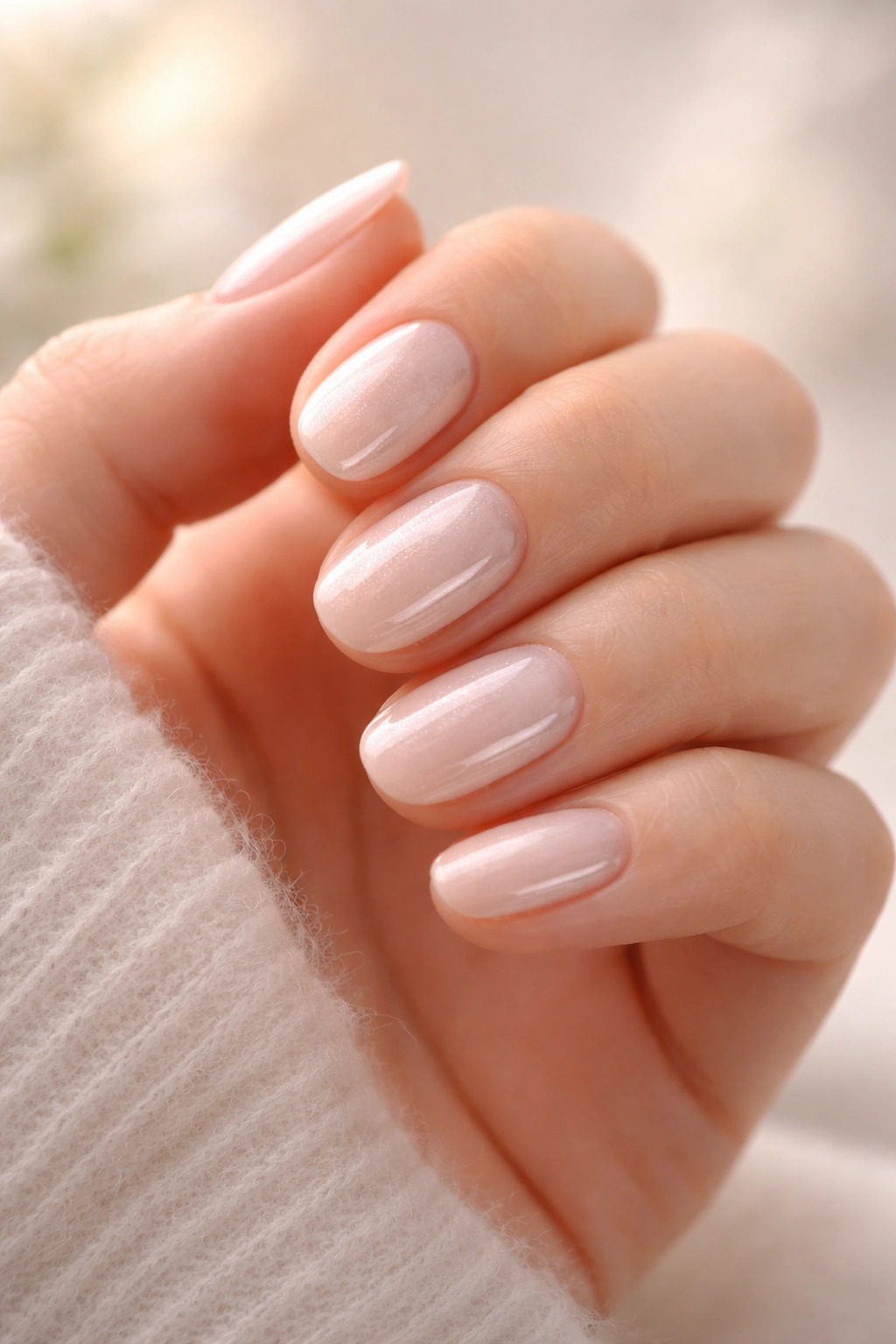 Close-up of short oval nails with pale nude base and pearl chrome glaze