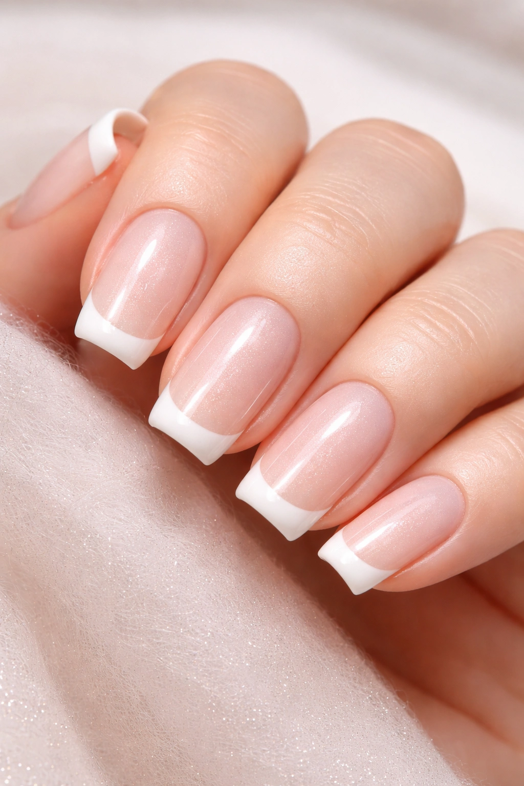 Close-up of glazed donut nails with sheer nude base and thin white tips