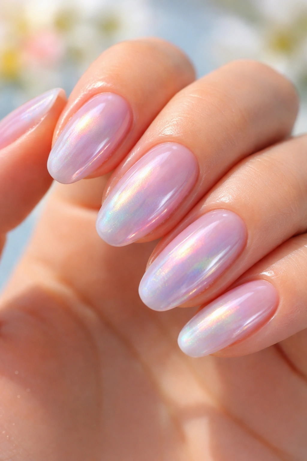 Pastel glazed nails with iridescent topcoat reflecting light