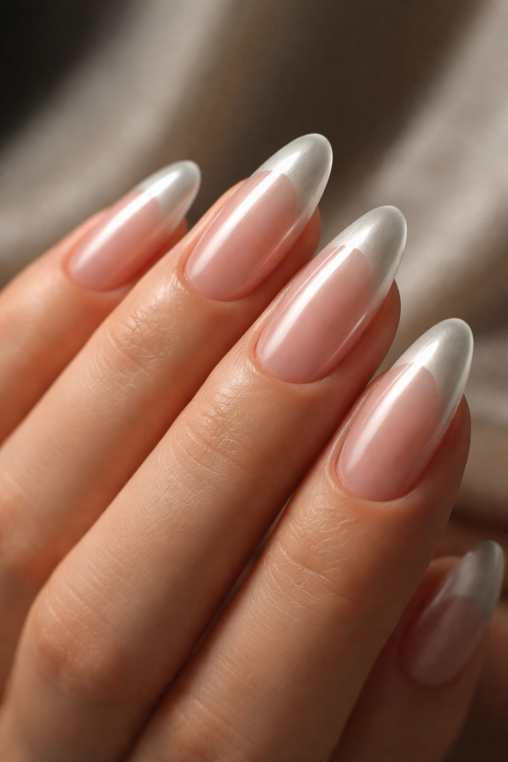 Close-up of almond nails with pearly glazed tips
