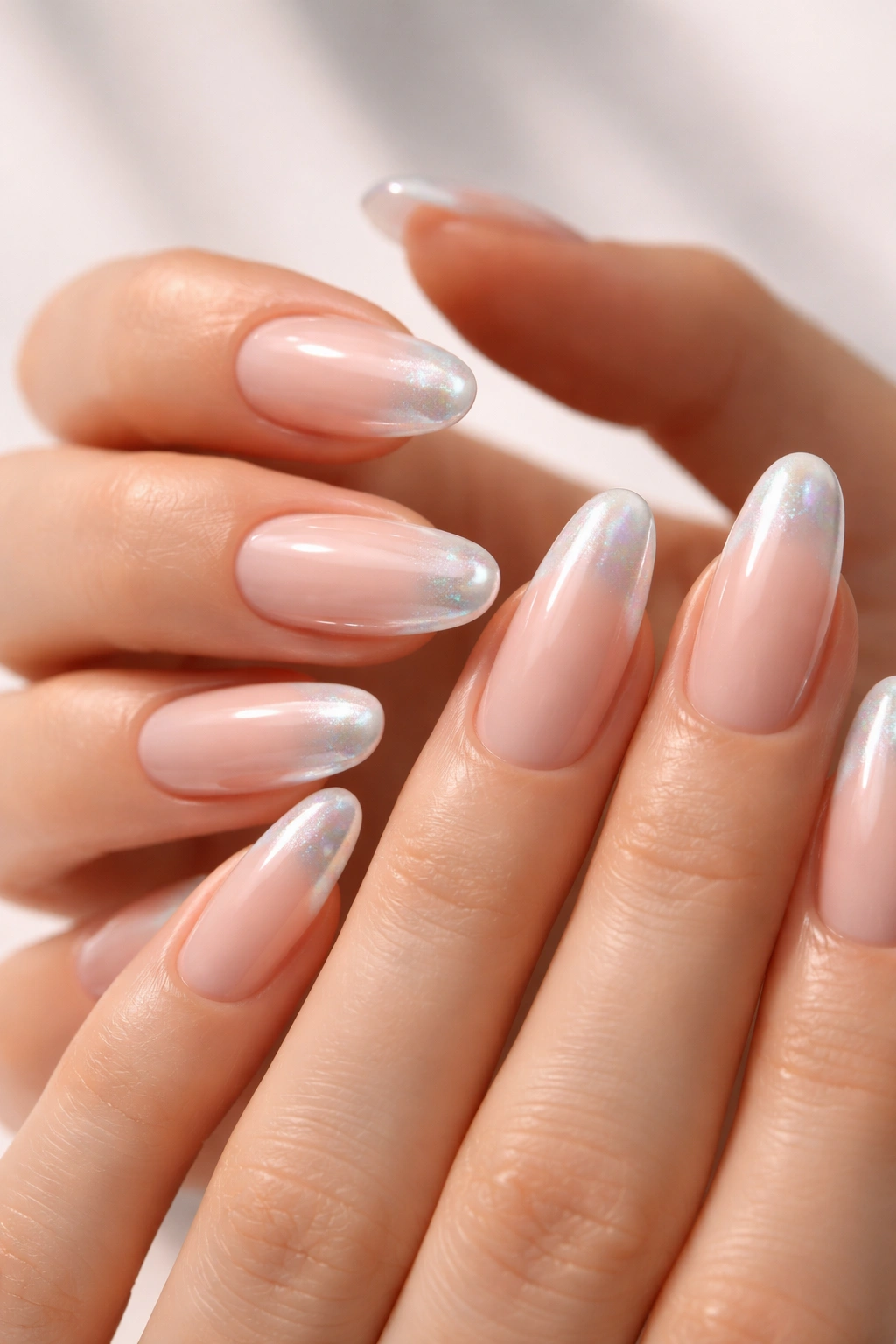 Close-up of hands with glazed French manicure featuring translucent iridescent tips on nude base