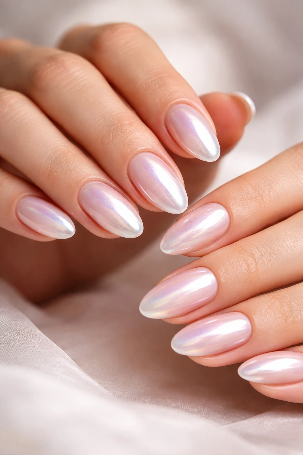 Close-up of hands showing glazed donut nails with pearly iridescent finish on a nude base