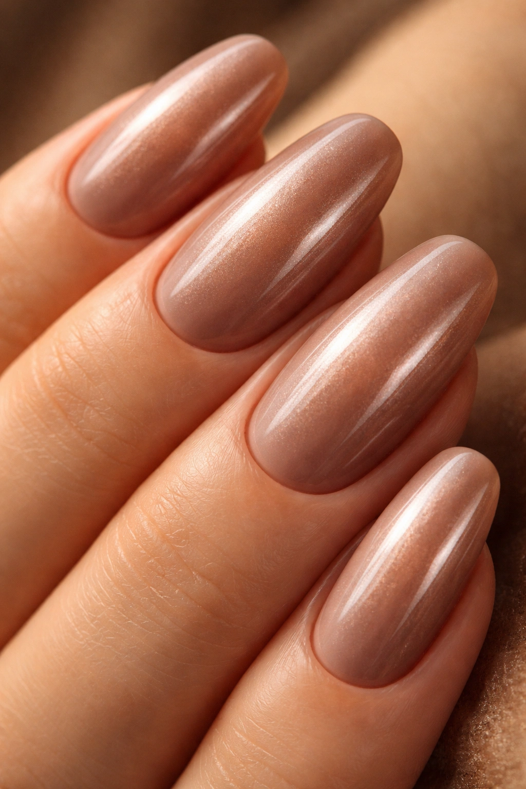 Mocha nails with pearlescent glazed finish catching light