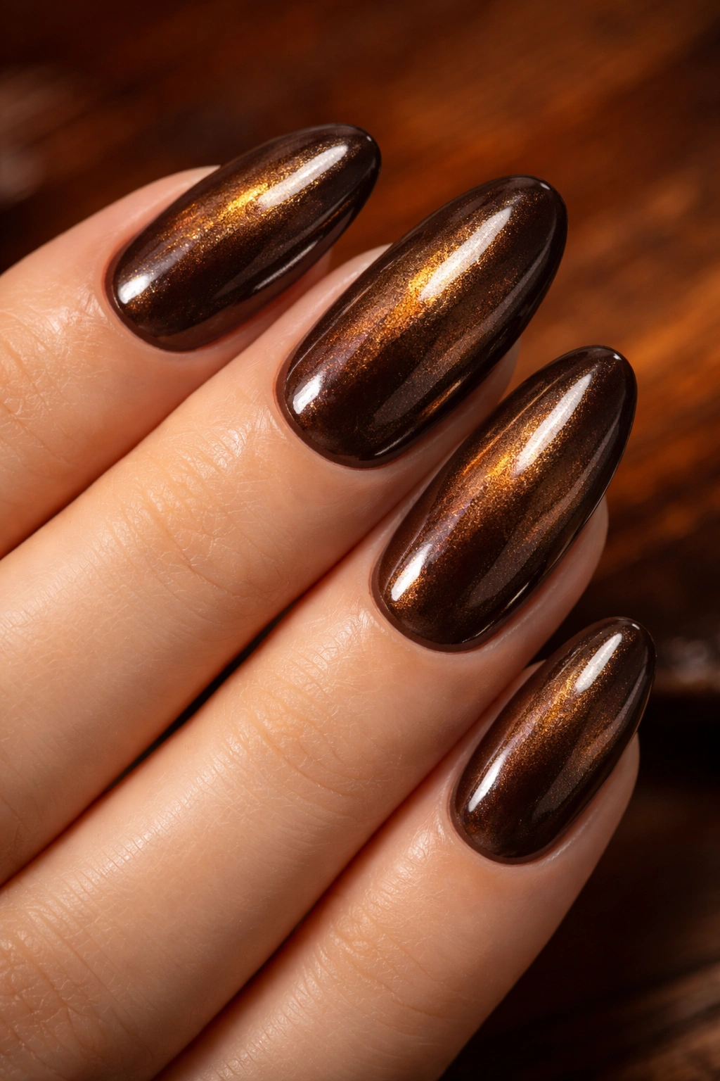 Close-up of nails in Chocolate Glazed with a brown base and bronze-gold chrome.