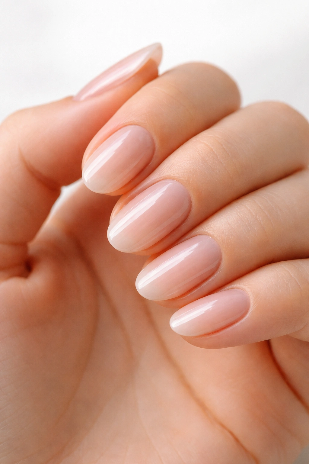 Close-up of pristine short oval nails with high-gloss glaze and clean edges
