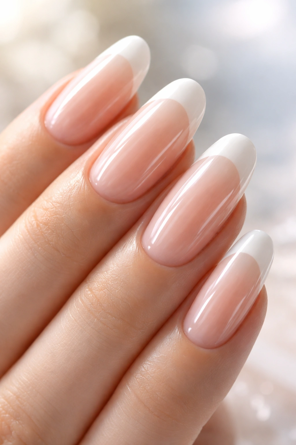Nails with sheer pink-beige base and white tip, glazed finish