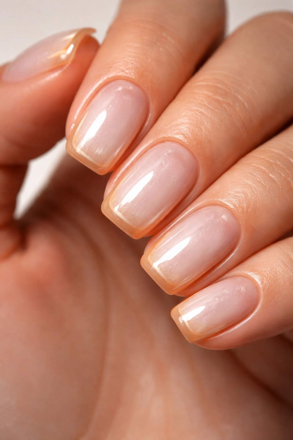 Close-up of short squoval nails with milky base caramel edge glaze