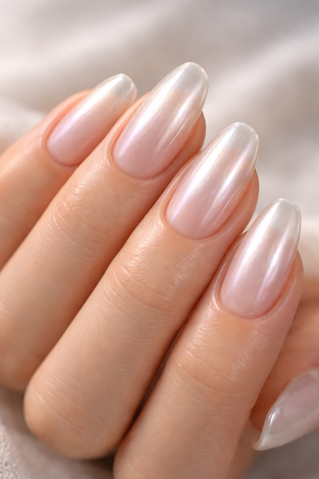 Close-up of nails in The Original Glazed Donut look with milky white base and pearlescent chrome.