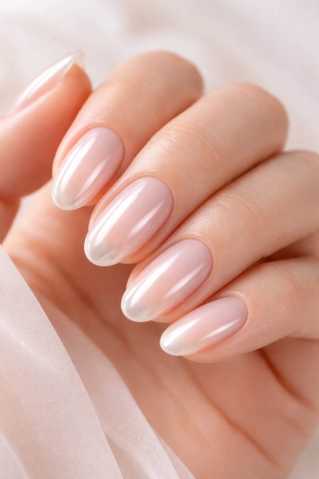 Close-up of glazed donut nails with milky pink base and glossy topcoat on a hand