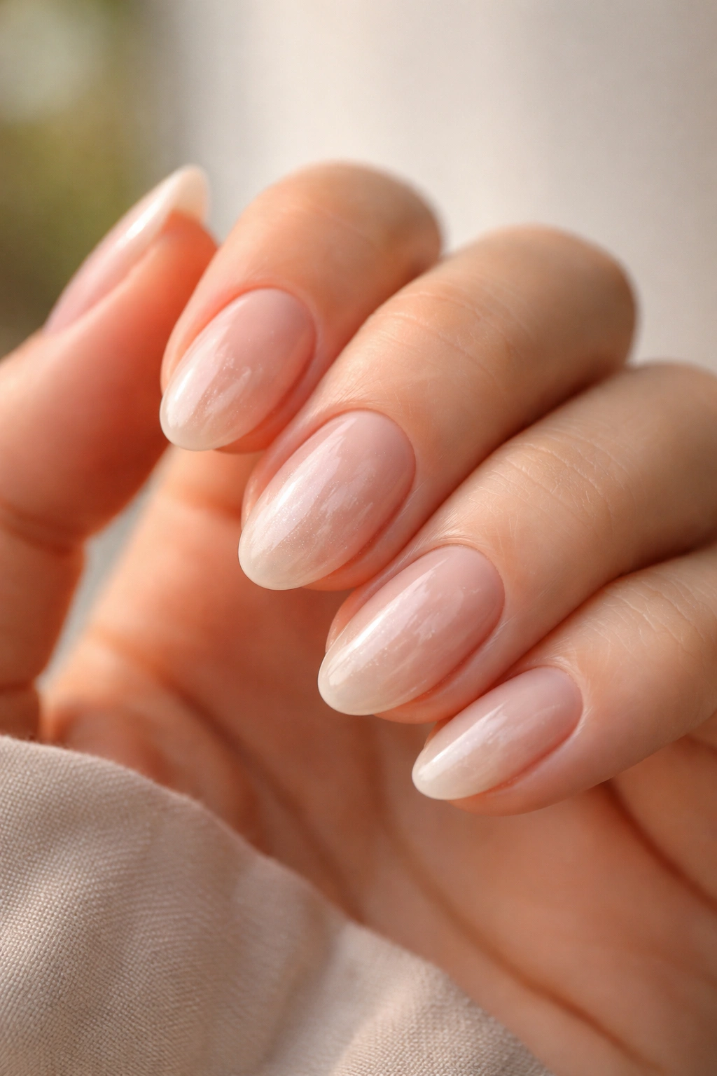 Nude almond nails with pearly glaze and subtle shine