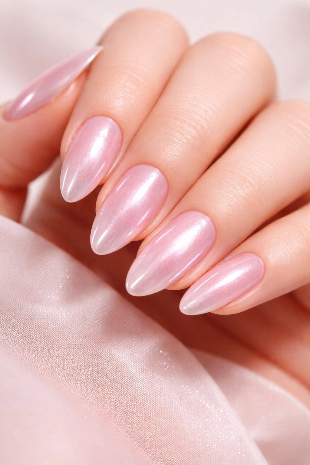 Close-up of nails in Strawberry Glazed with a sheer pink base and iridescent chrome.