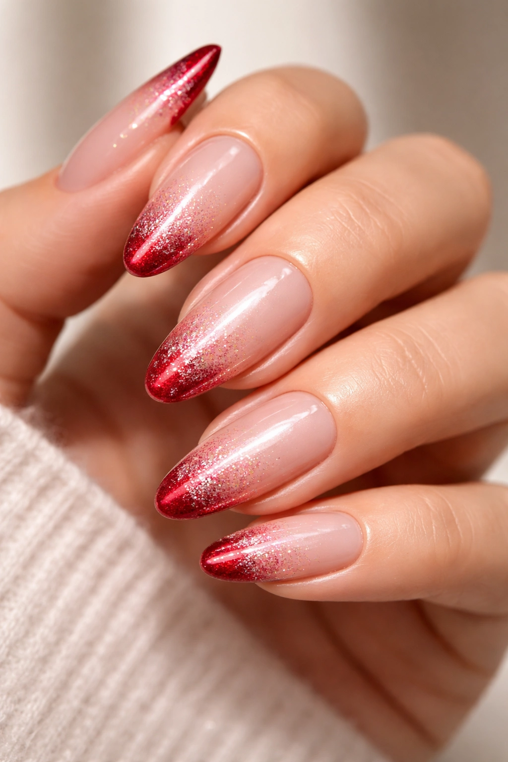 Close-up of nails in Candy Cane Glazed with nude base and red tipped chrome.