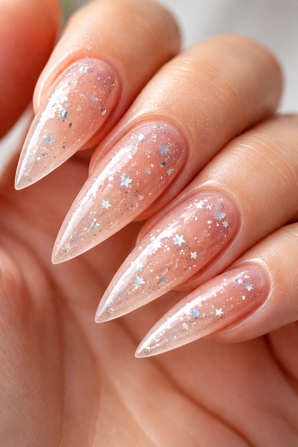 Close-up of glazed translucent nails with tiny star accents on stiletto nails
