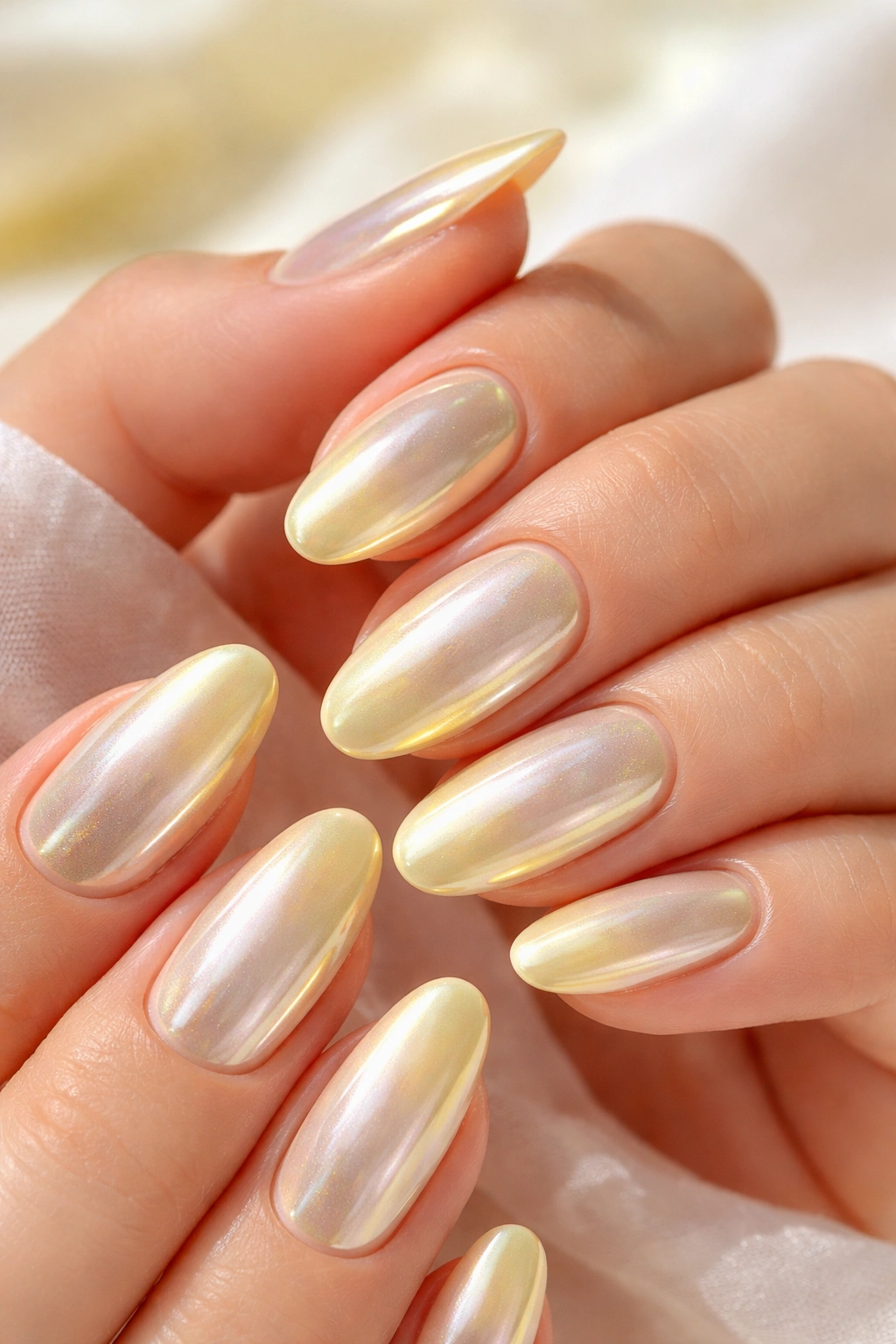 Close-up of nails in Lemon Drop Glazed with pale yellow base and chrome overlay.