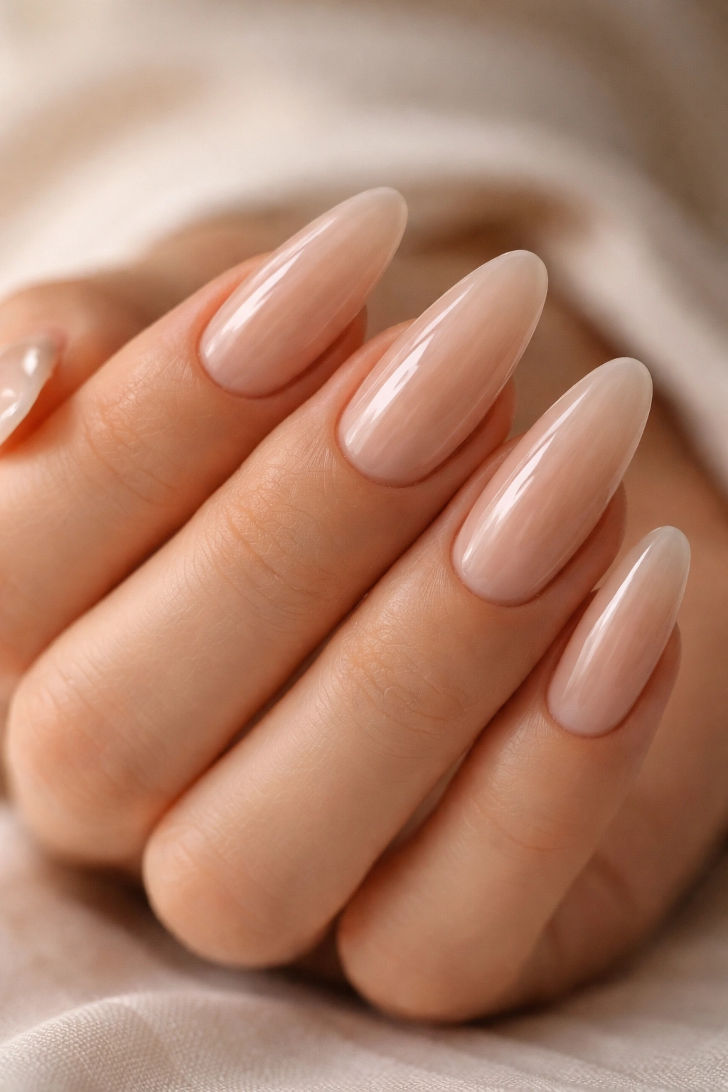 Close-up of glazed nude almond nails with glassy shine