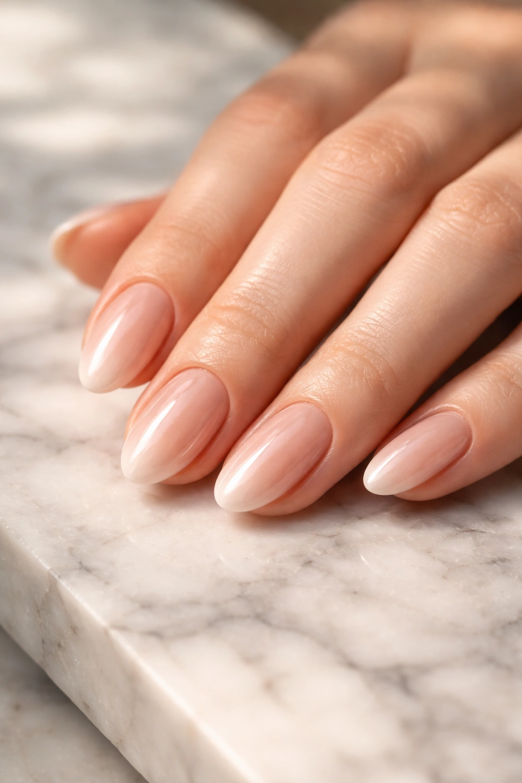 Close-up of glazed nude almond nails with a glossy reflective finish