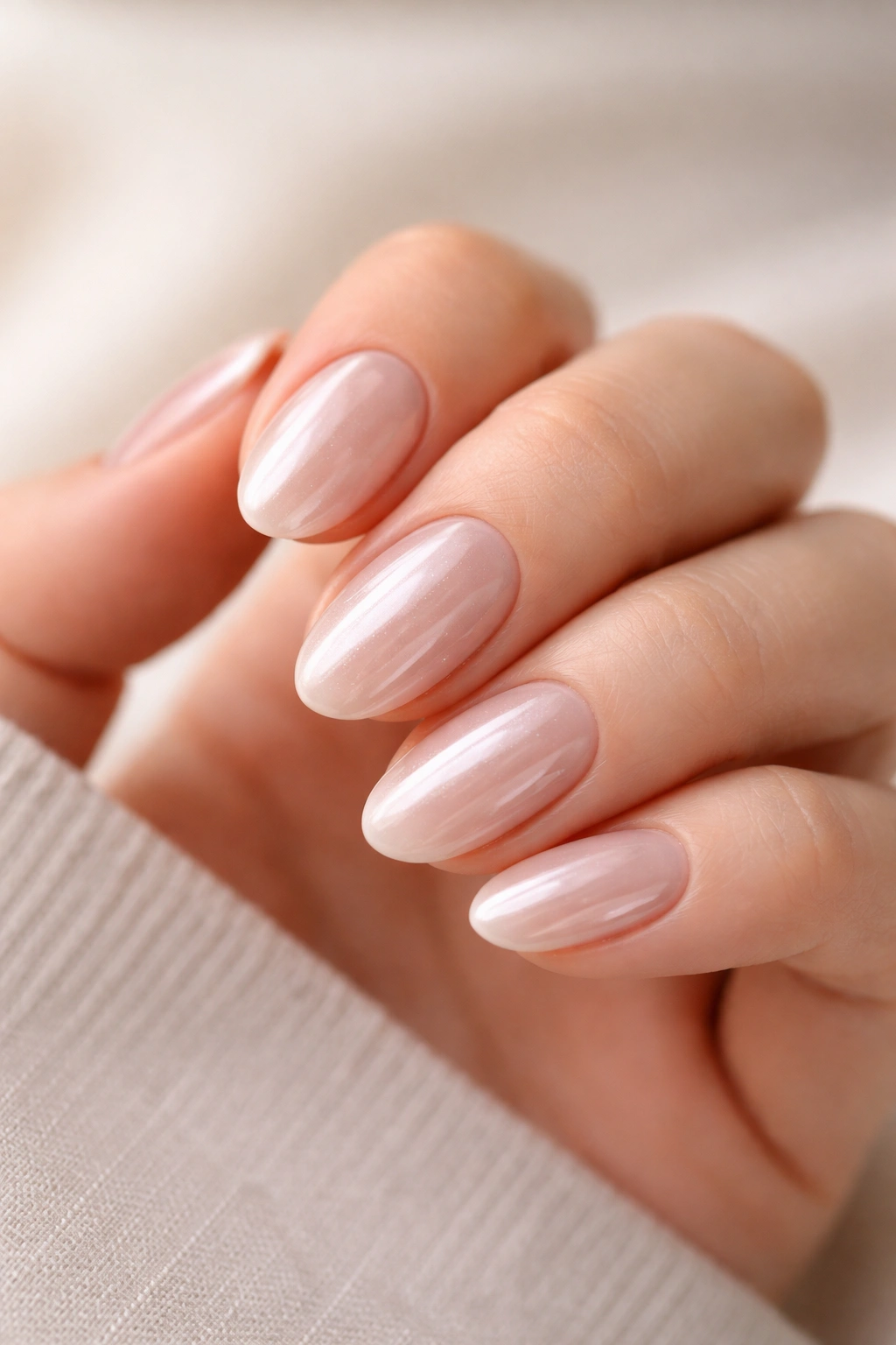 Glazed nude almond nails with pearlescent chrome glaze on short extensions.