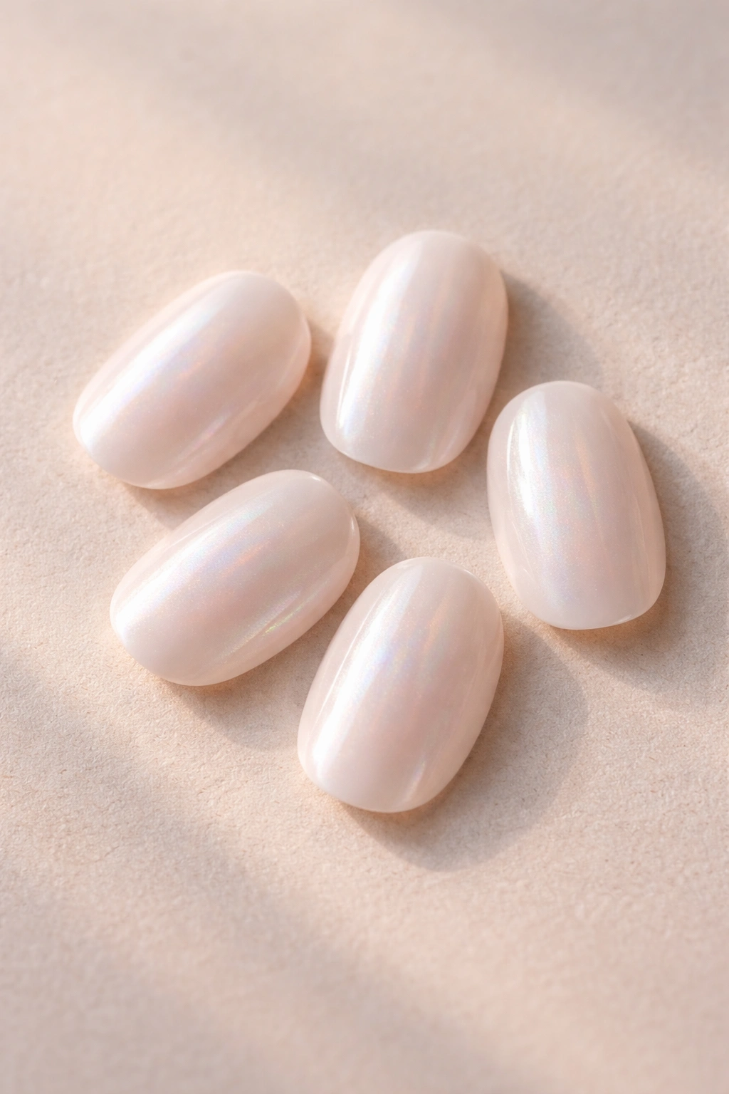 Close-up of five glazed short oval press-on nails with pearly sheen