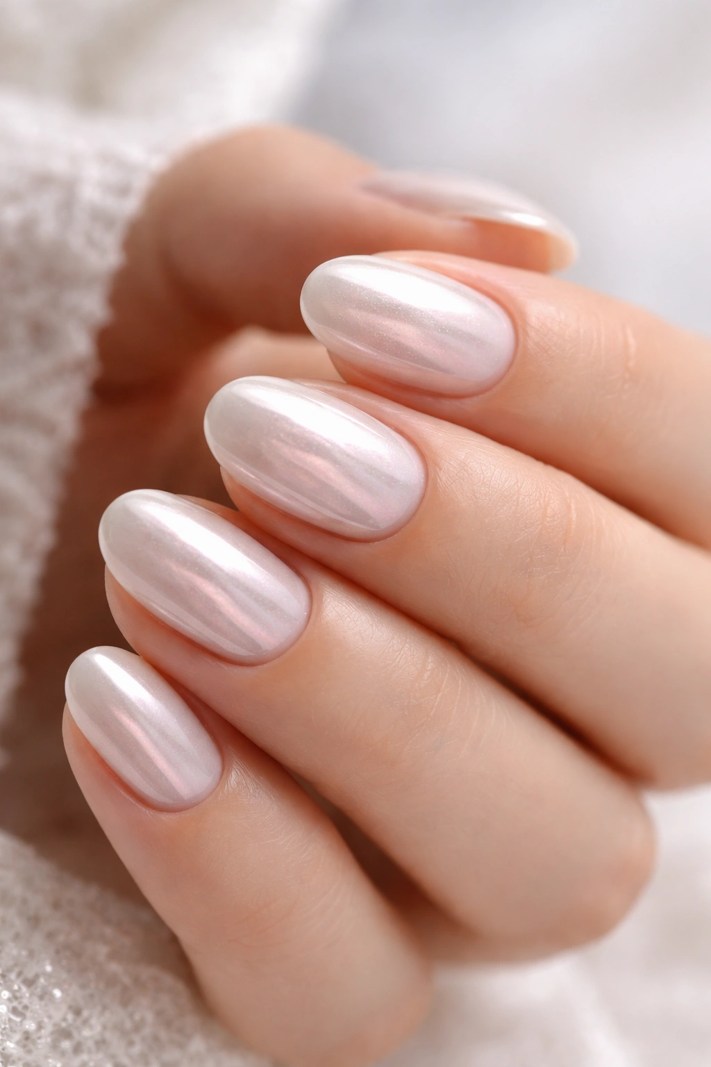 Close-up of short oval nails with glazed pearl chrome finish