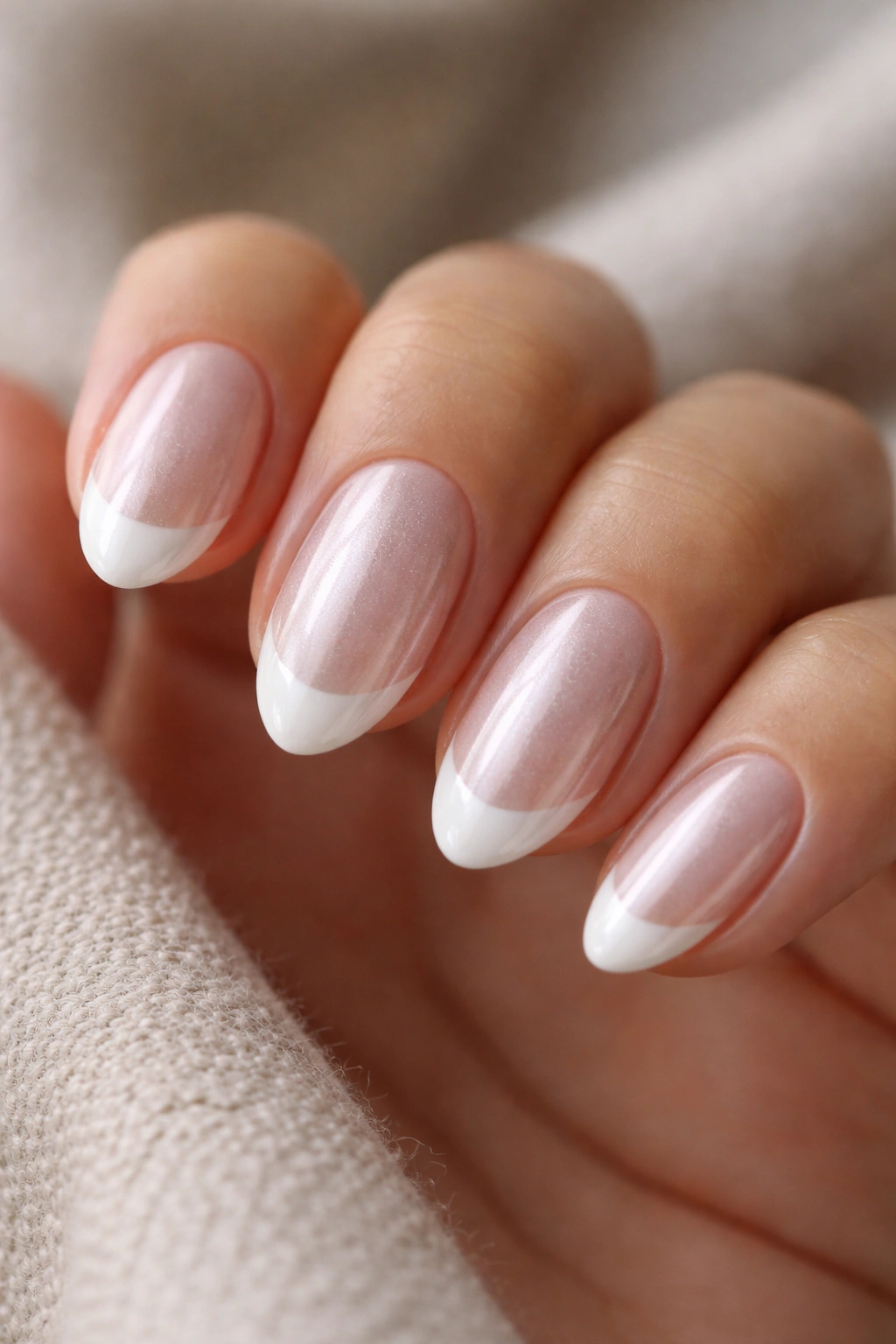 Close-up of short almond nails with a pearly glaze and white tips