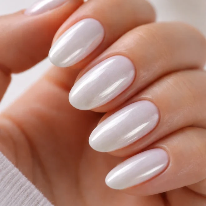 12 Short White Pearl Almond Nails That Glow