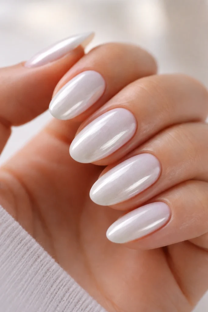 12 Short White Pearl Almond Nails That Glow