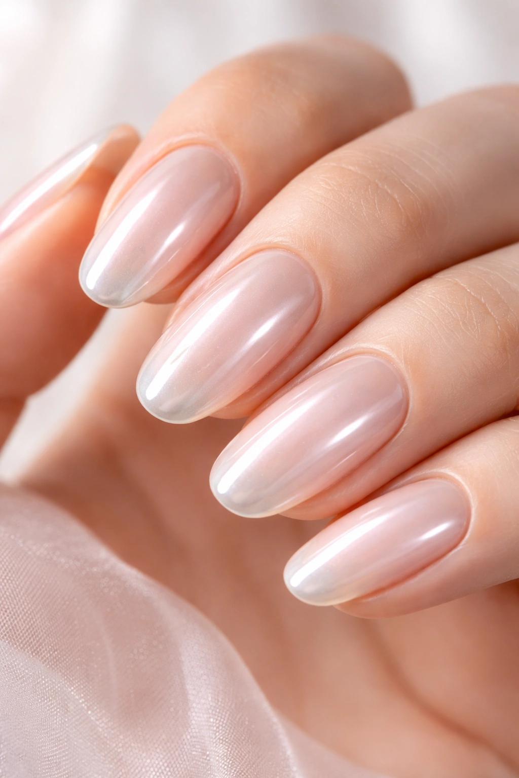 Nails with glazed pearl nude chrome finish