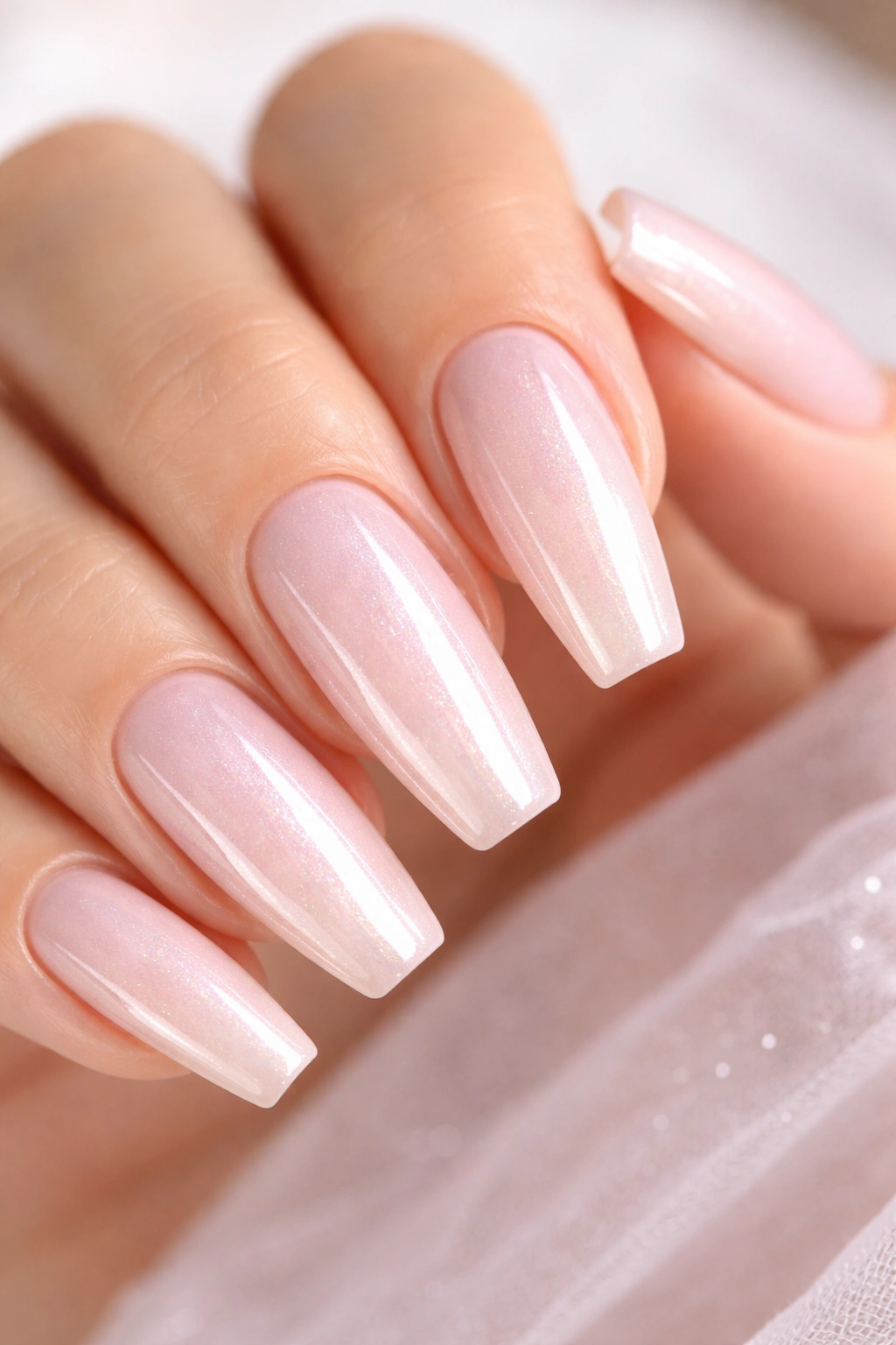 Close-up of glazed pearl pink ballerina nails with a thin pearlescent glaze over milky pink.
