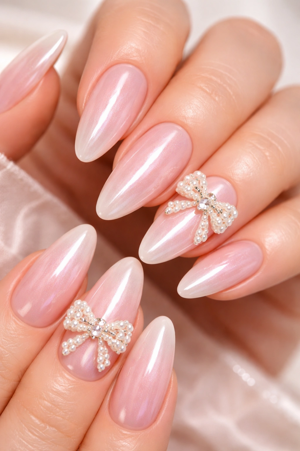 Close-up of glazed pink nails with pearl-studded bows