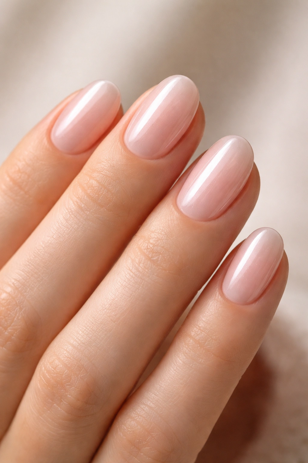Close-up of short oval nails with a pearly glazed pink finish, subtle reflective sheen