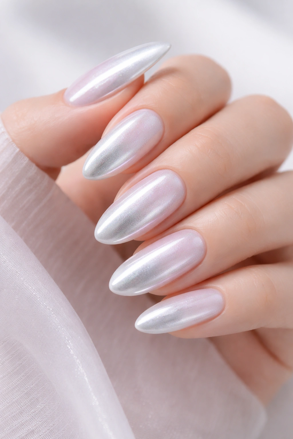 Close-up nails with glazed silver chrome on sheer base