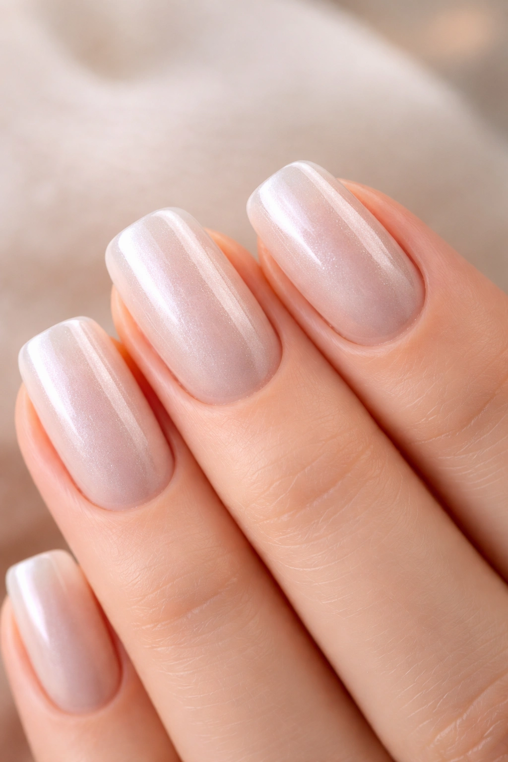 Close-up of glazed square-oval nails with pearly chrome sheen