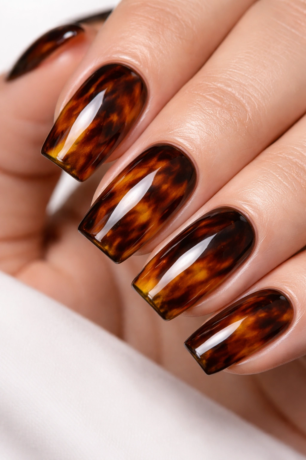 Glazed tortoiseshell nails with high shine and reflection.