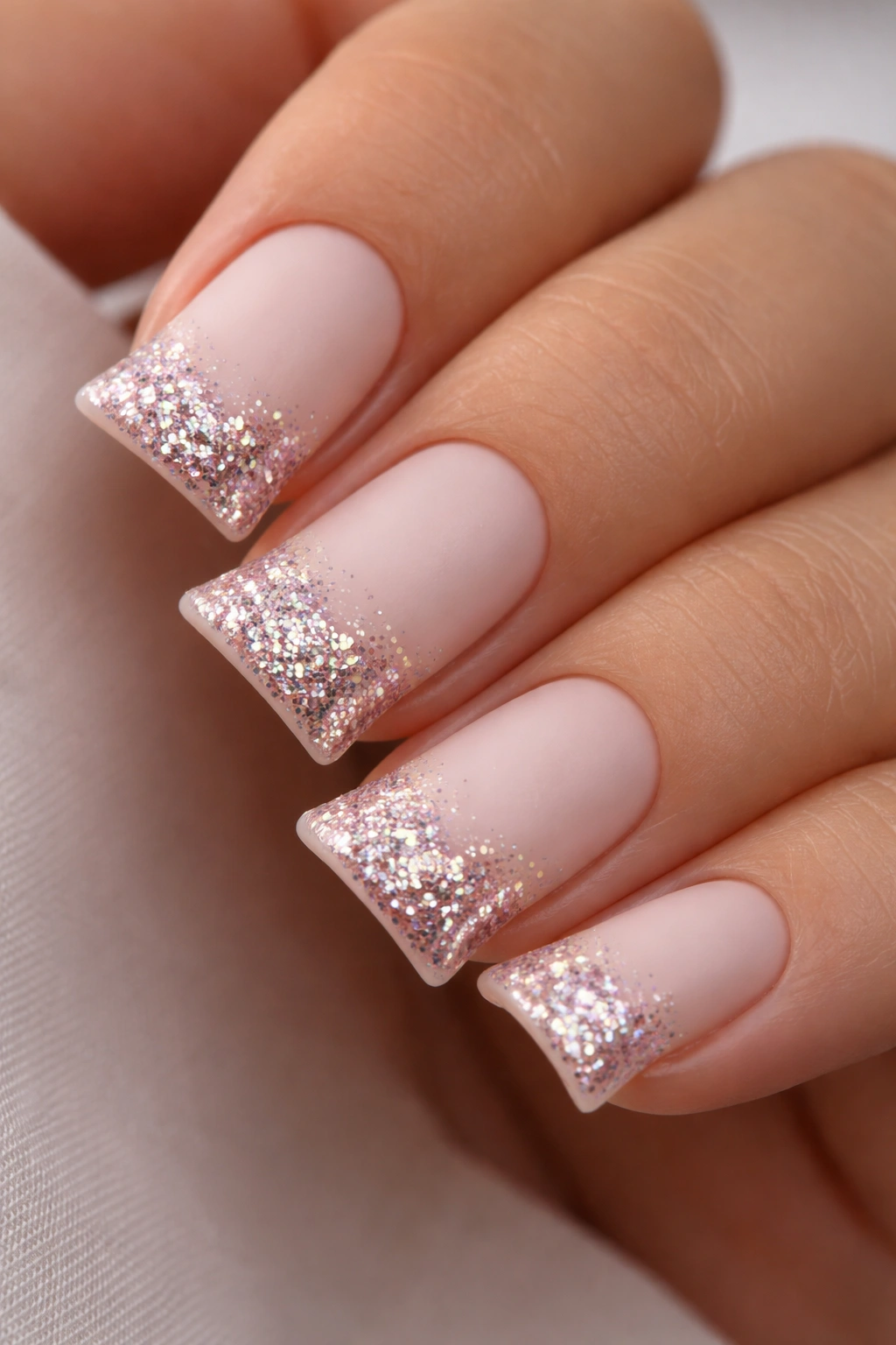 Close-up of short nails with glitter on the duck tip only