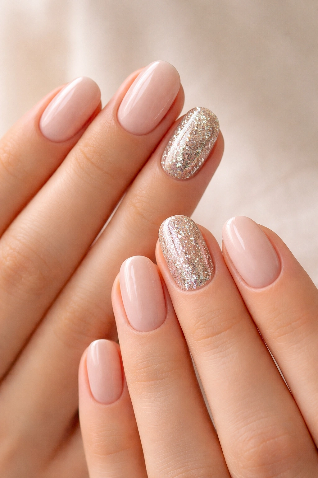Close-up of short oval nails with one glitter accent nail per hand