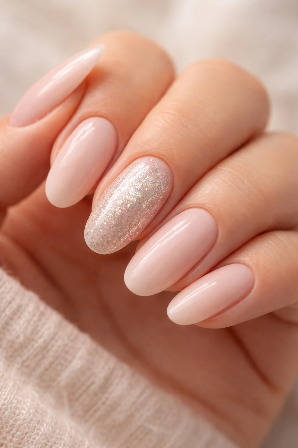 Hand with one glitter-accent nail among neutral nails