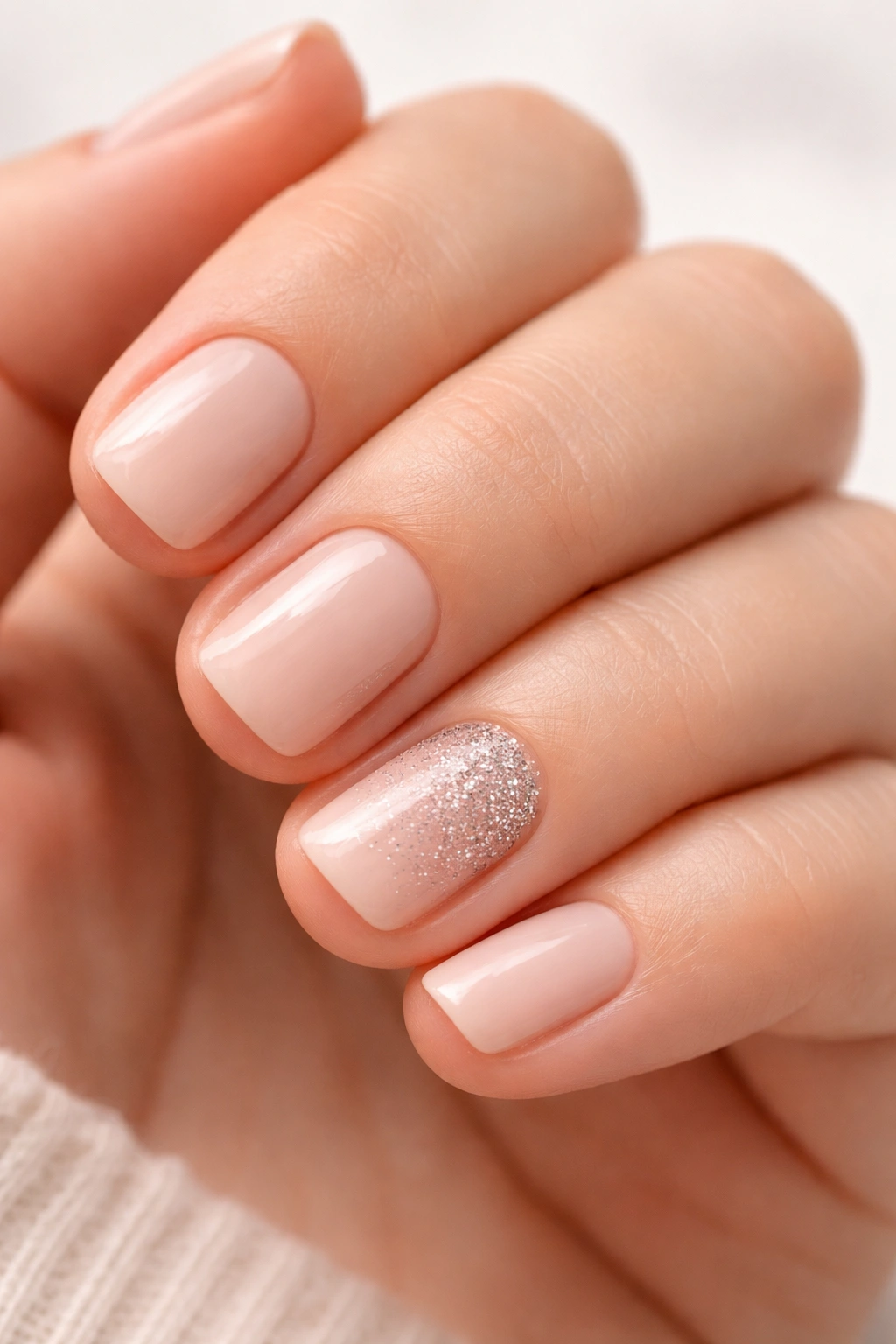 Close-up of a hand with short nails featuring a glitter gradient on the tip against a neutral background