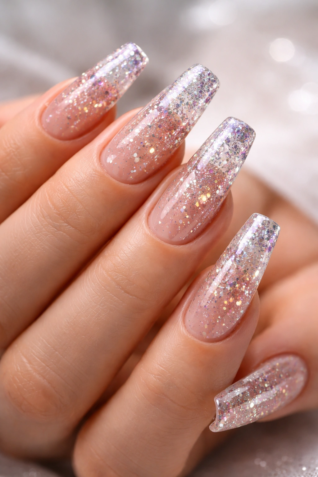 Close-up of clear acrylic nails with embedded glitter and glossy shine