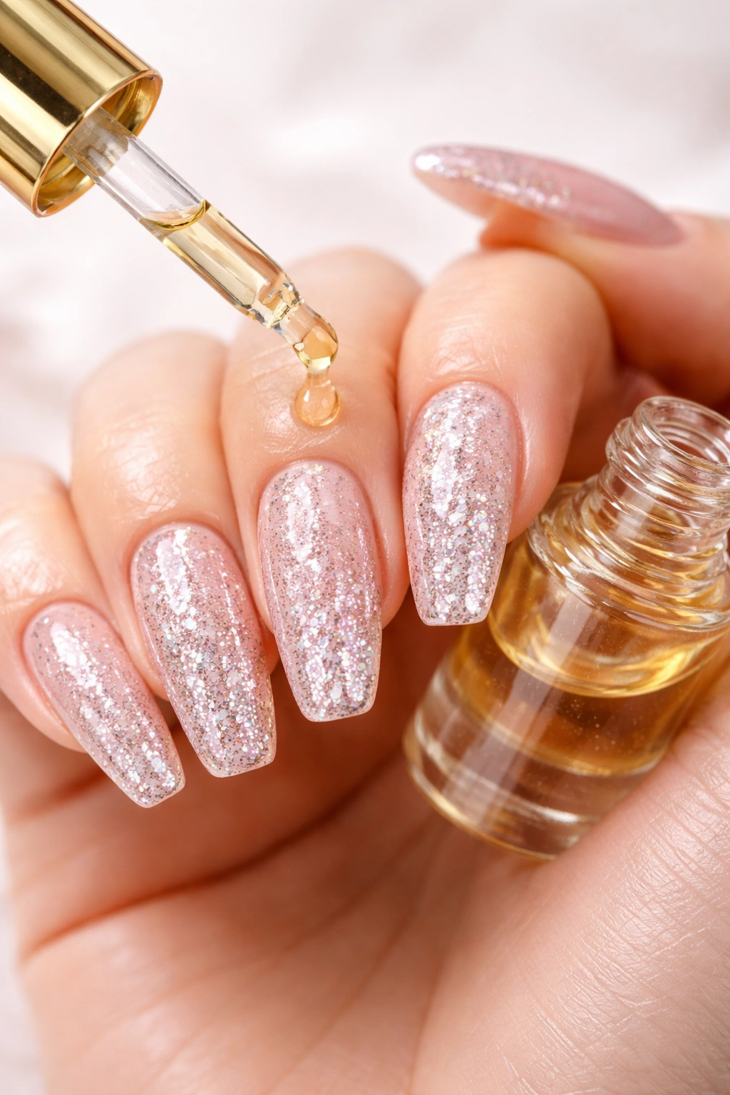 Close-up of glitter acrylic nails being cared for with cuticle oil on a clean background