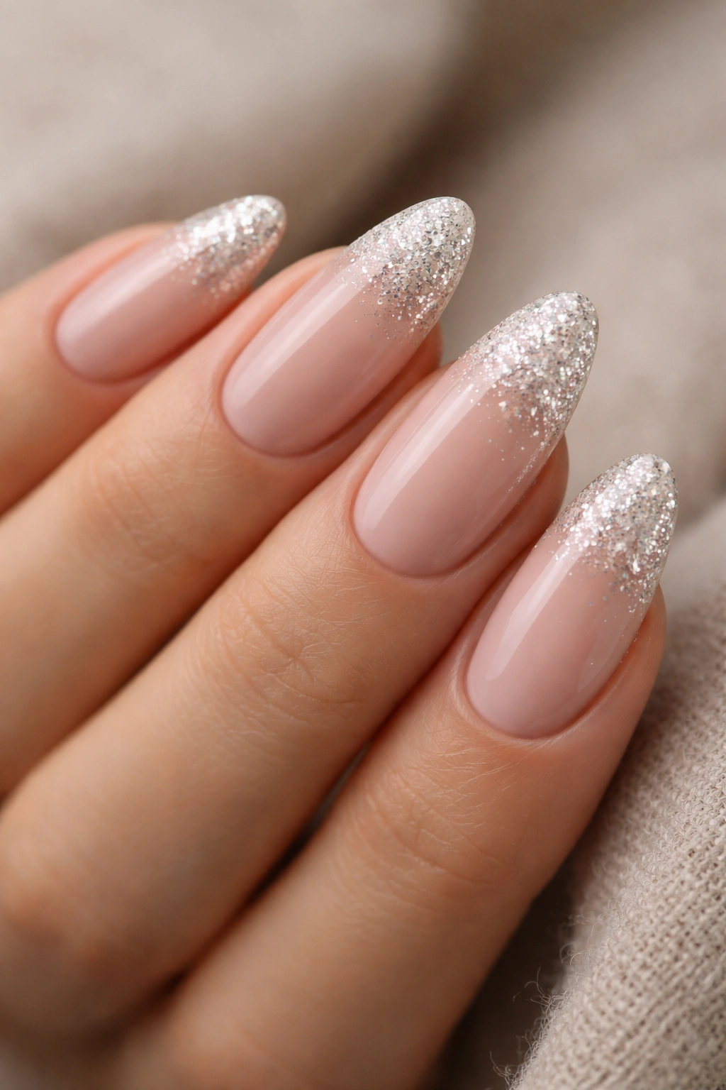 Close-up of glitter almond nails with fine glitter at the tip on neutral background