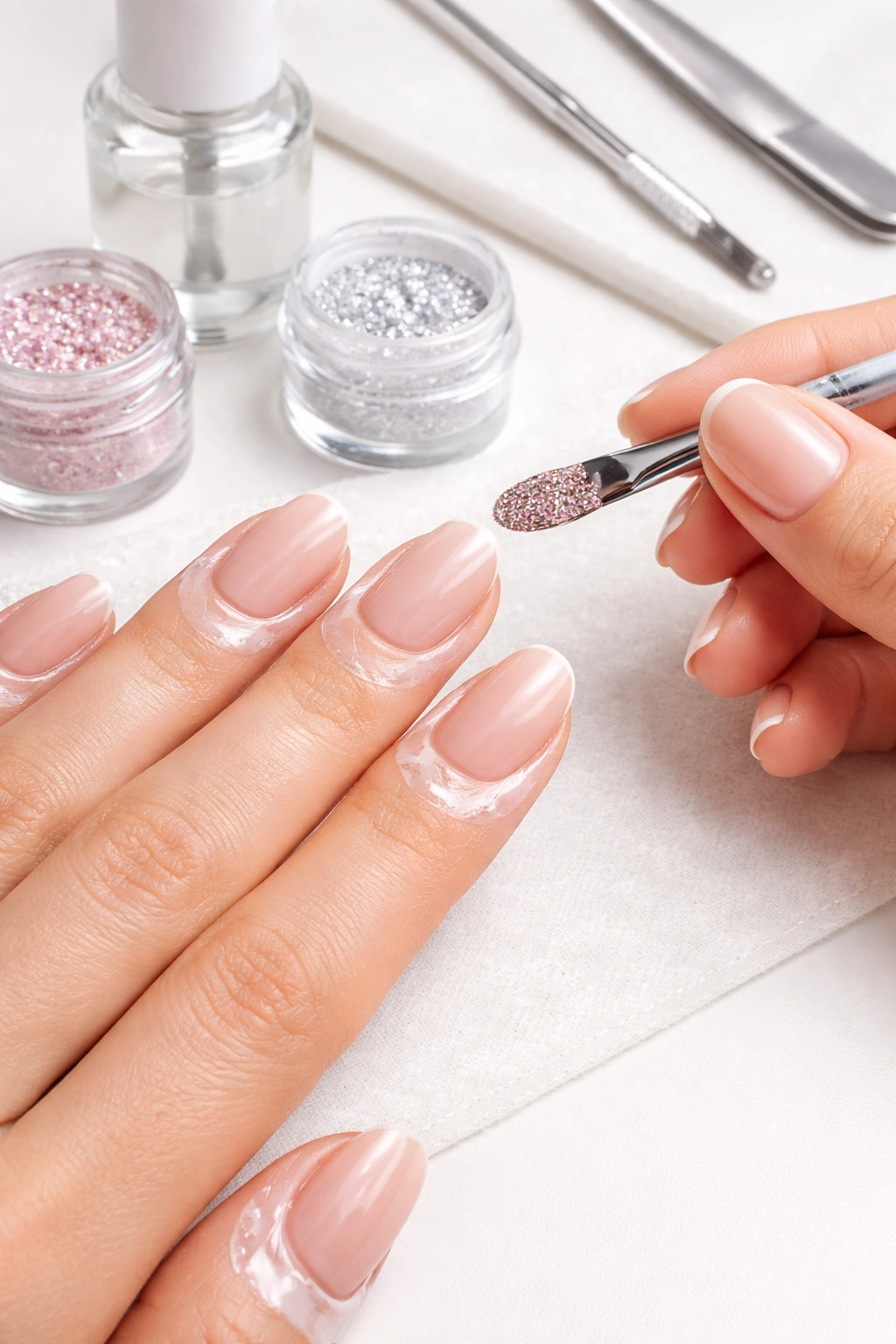 Nails with latex barrier around edges to catch glitter